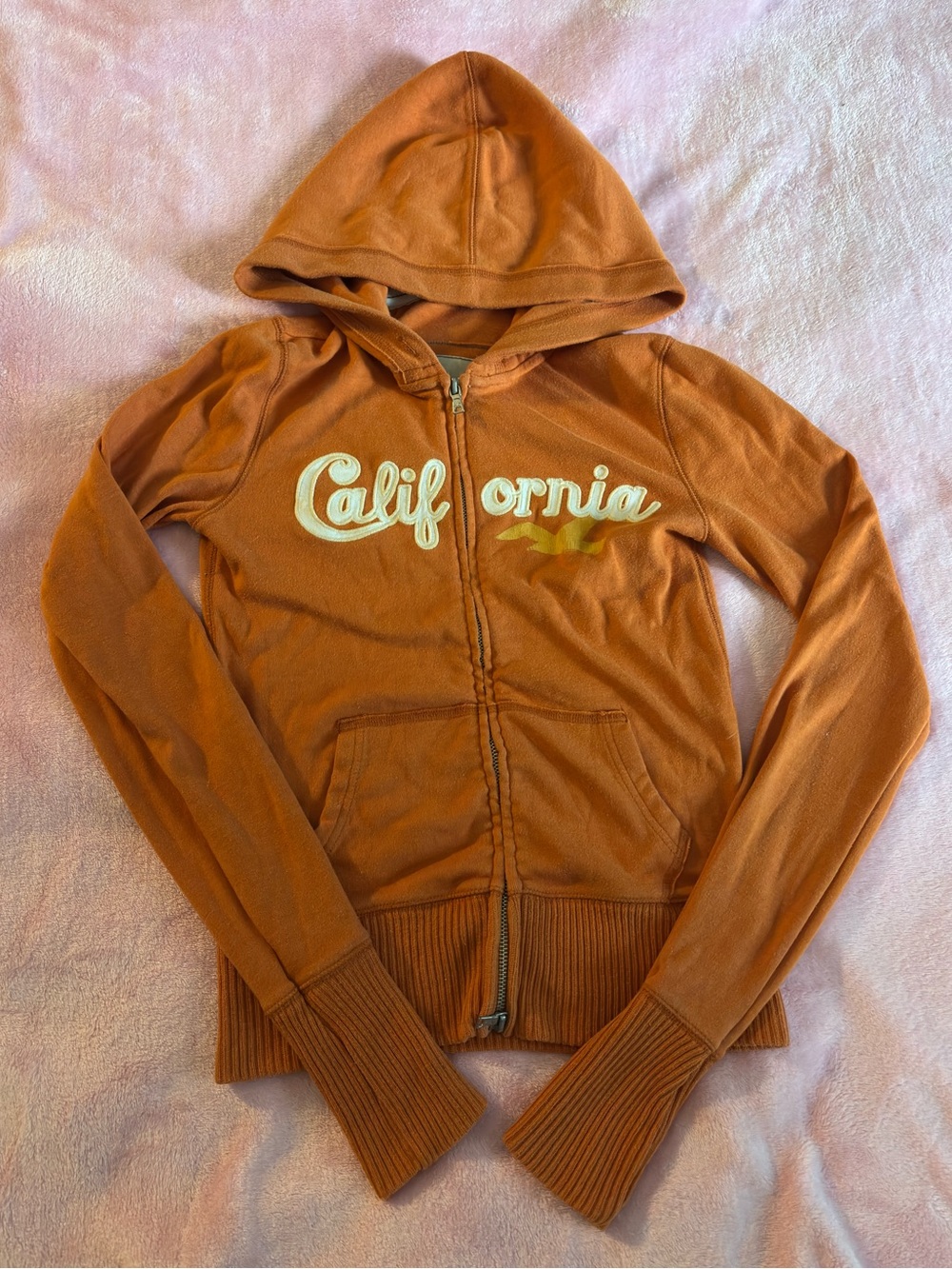Vintage Hollister Orange and White Zip-Up Tapered Hoodie Size Large
